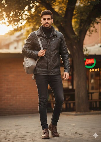 Gri Kürklü Siyah Deri Erkek Ceket - Görsel 4