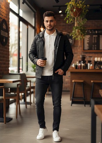 Gri Kürklü Siyah Deri Erkek Ceket - Görsel 8