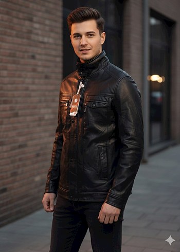 Gri Kürklü Siyah Deri Erkek Ceket - Görsel 2