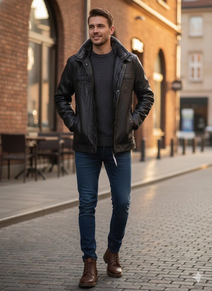 Gri Kürklü Siyah Deri Erkek Ceket - Görsel 3