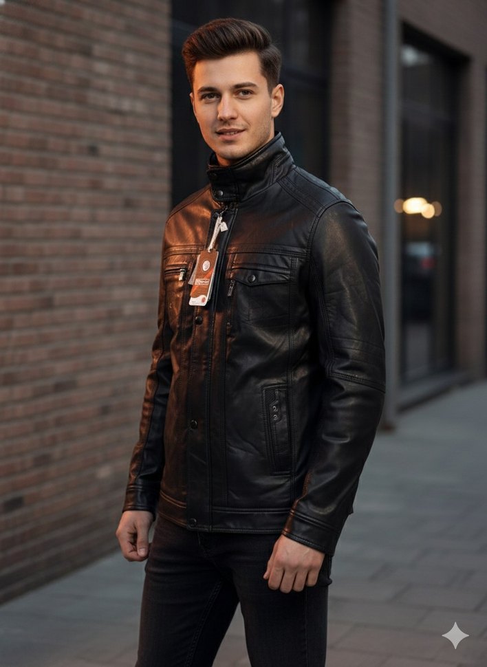 Gri Kürklü Siyah Deri Erkek Ceket - Görsel 2