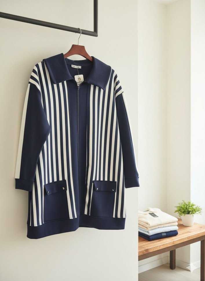 Çizgili Kadın Triko Hırka Midi Boy - Görsel 3