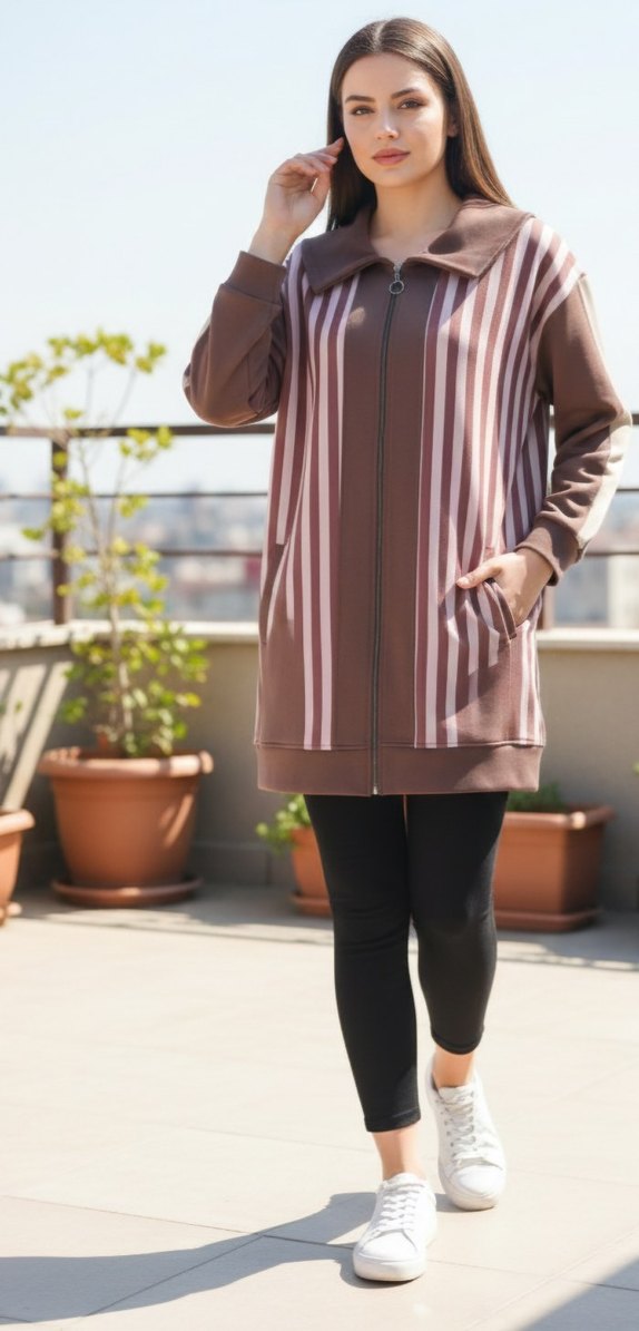 Çizgili Kadın Triko Hırka Midi Boy - Görsel 5