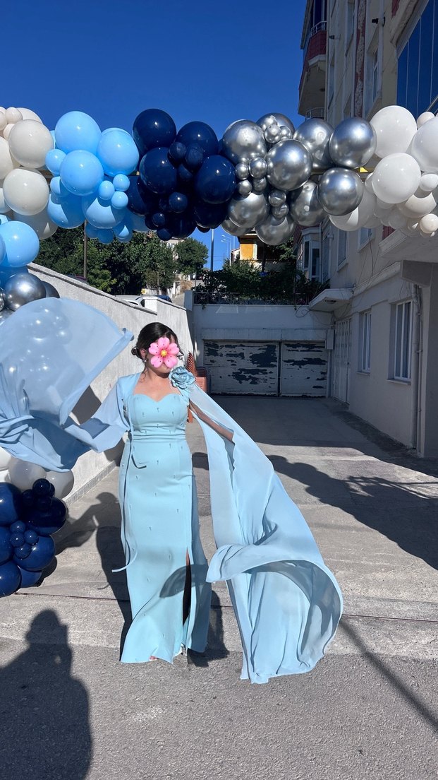 Mavi Drapeli Straplez Uzun Abiye - Görsel 2