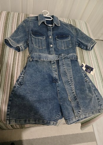 Kemerli Kısa Kot Tulum - Görsel 5