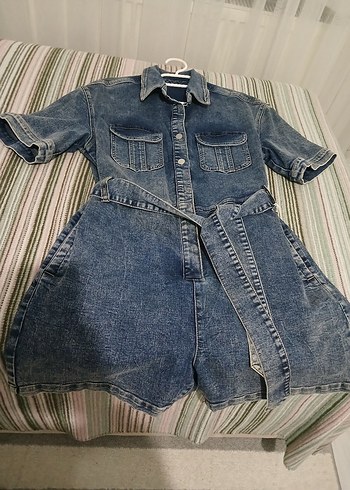 Kemerli Kısa Kot Tulum - Görsel 3