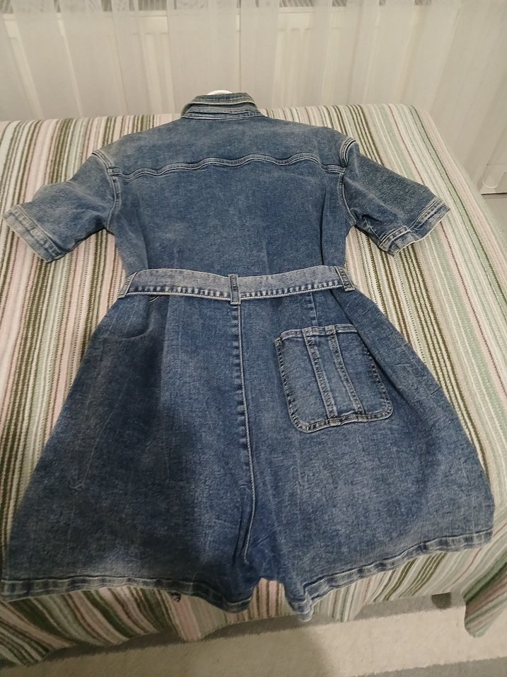 Kemerli Kısa Kot Tulum - Görsel 4