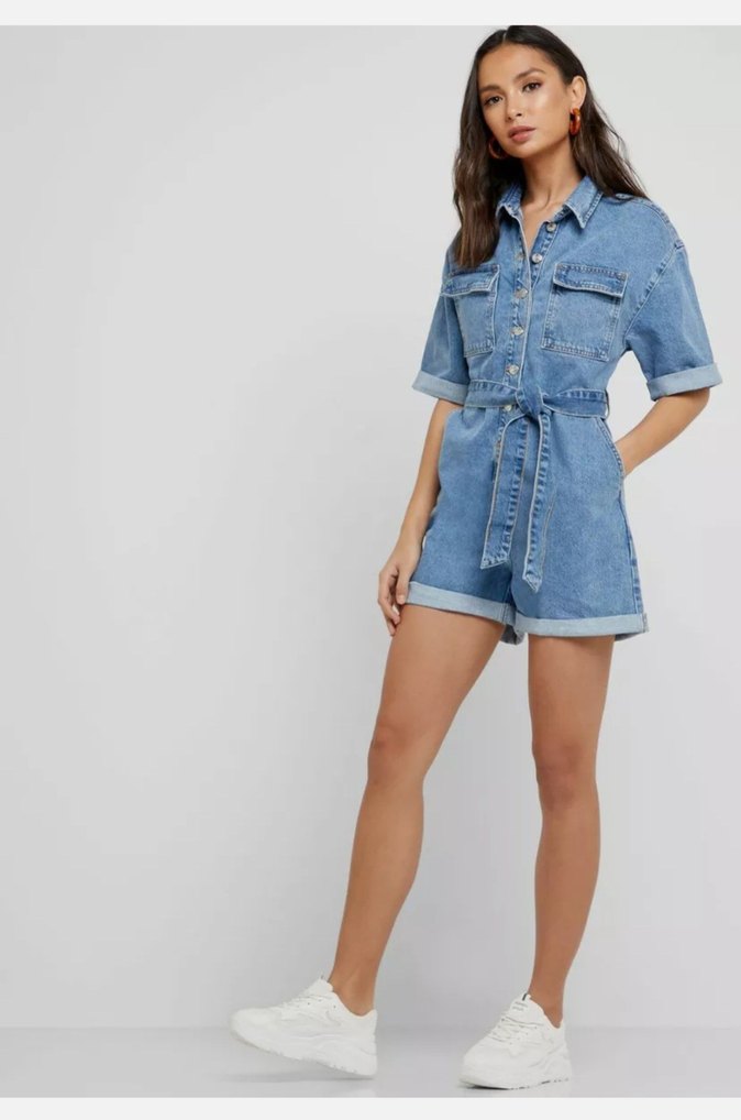 Kemerli Kısa Kot Tulum - Görsel 2