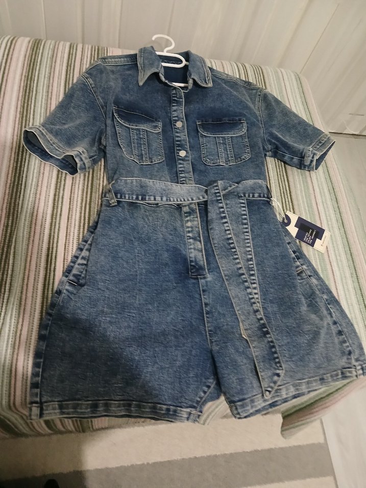 Kemerli Kısa Kot Tulum - Görsel 5