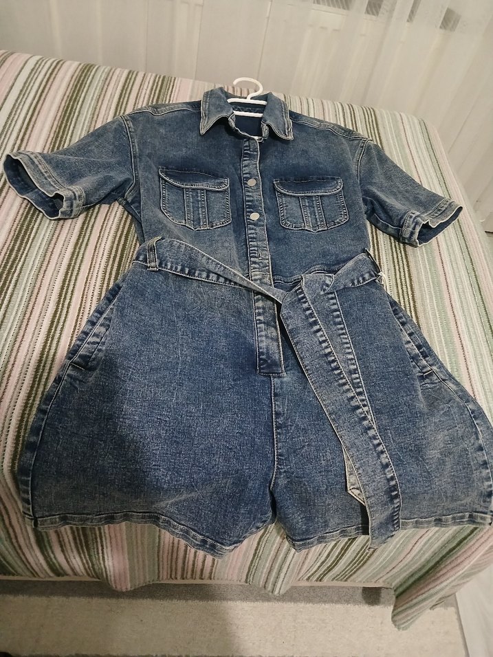 Kemerli Kısa Kot Tulum - Görsel 3