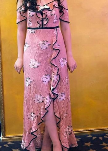 Koton Pembe Nakışlı Uzun Dantel Elbise