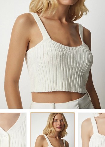 Beyaz Kısa Triko V Yaka Hırka - Görsel 4