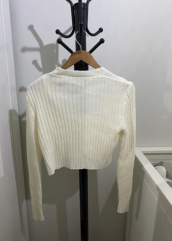 Beyaz Kısa Triko V Yaka Hırka - Görsel 11