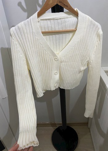 Beyaz Kısa Triko V Yaka Hırka - Görsel 8