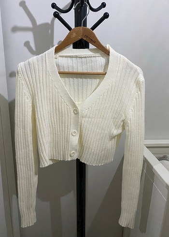 Beyaz Kısa Triko V Yaka Hırka - Görsel 9