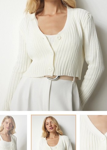 Beyaz Kısa Triko V Yaka Hırka - Görsel 2