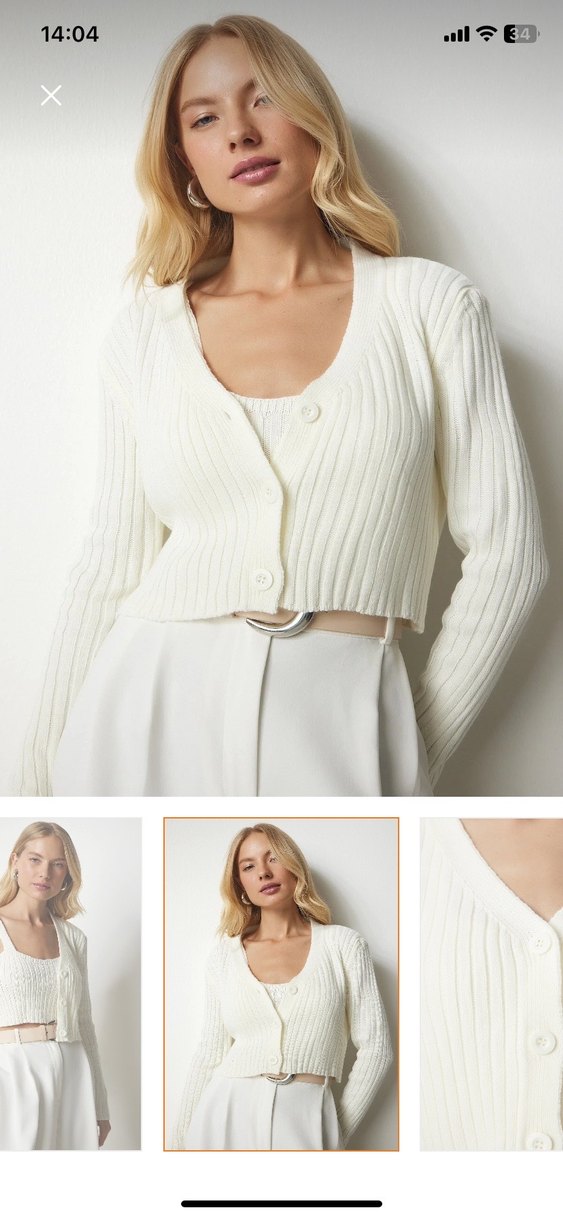 Beyaz Kısa Triko V Yaka Hırka - Görsel 2