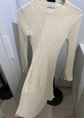 Beyaz Kadın Triko Mini Elbise - Görsel 3