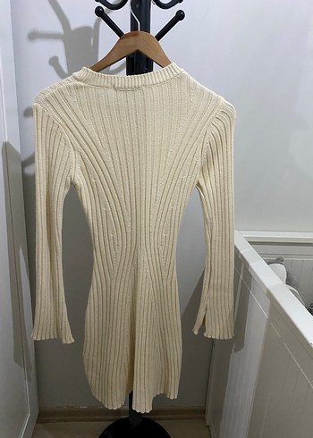 Beyaz Kadın Triko Mini Elbise - Görsel 5