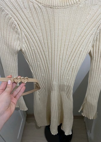 Beyaz Kadın Triko Mini Elbise - Görsel 2