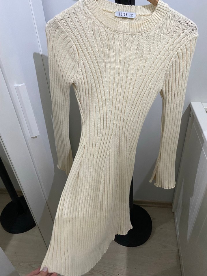 Beyaz Kadın Triko Mini Elbise - Görsel 3