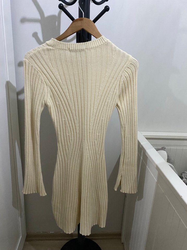 Beyaz Kadın Triko Mini Elbise - Görsel 5