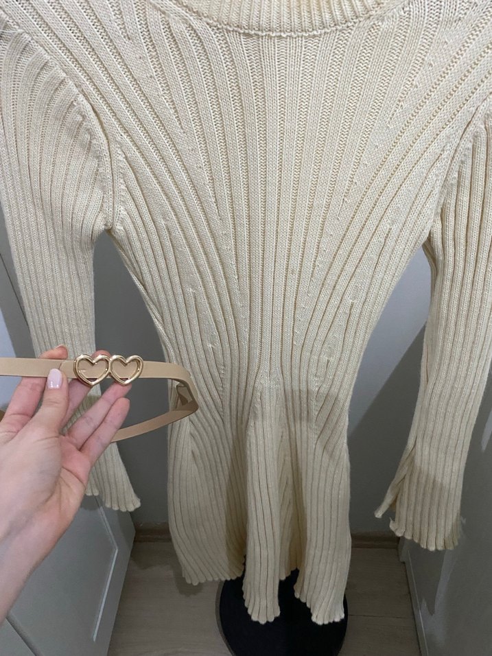 Beyaz Kadın Triko Mini Elbise - Görsel 2