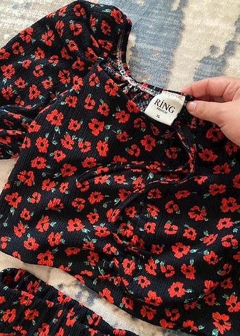 xl Beden Kırmızı Çiçek Baskılı Vintage Uzun Alt Üst Takım