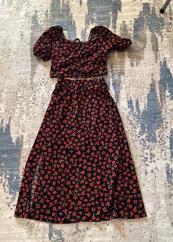 Kırmızı Çiçek Baskılı Vintage Uzun Alt Üst Takım