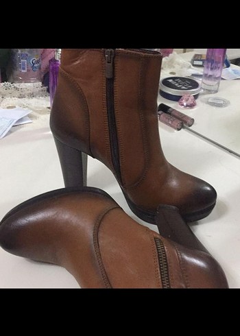 36 Beden Kahverengi Deri Platform Topuklu Kadın Bot