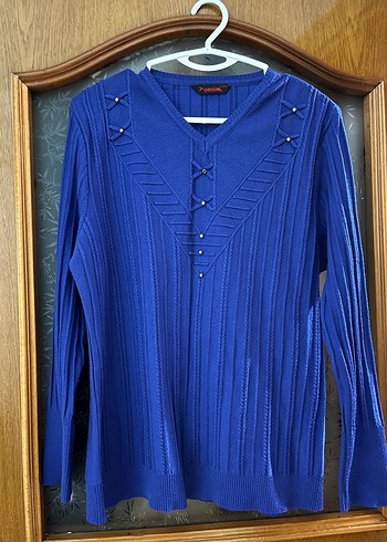 Mavi V Yaka Uzun Kollu Triko Kazak - Görsel 2