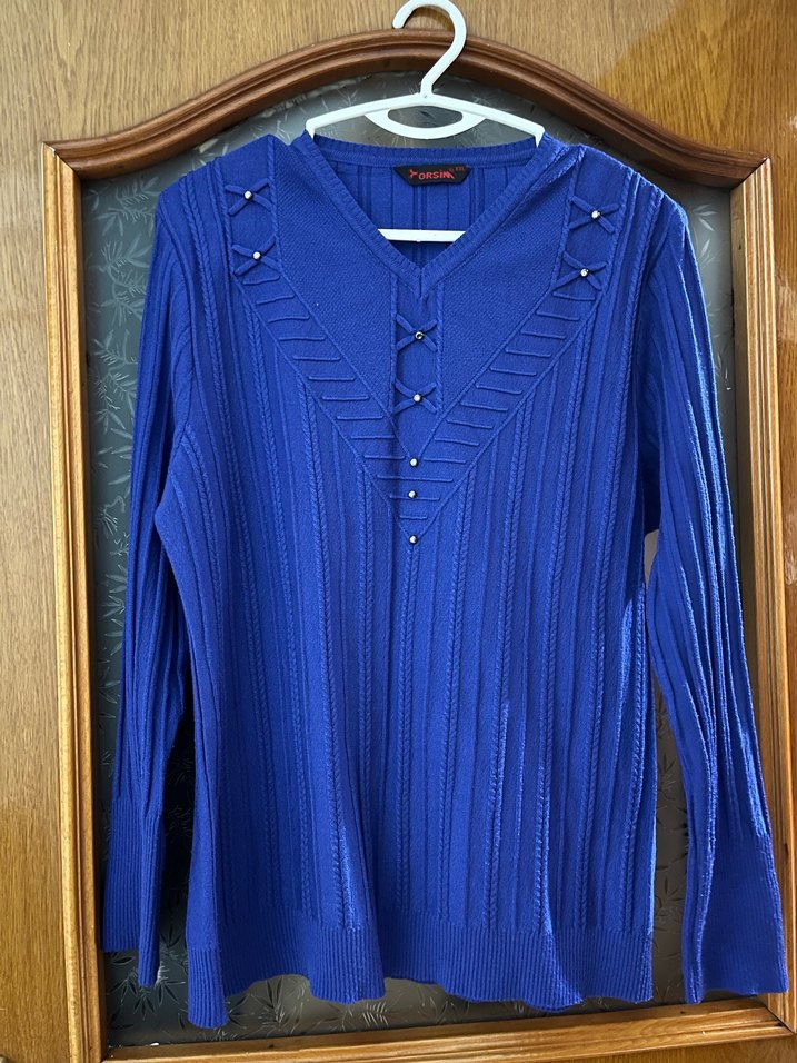 Mavi V Yaka Uzun Kollu Triko Kazak - Görsel 2