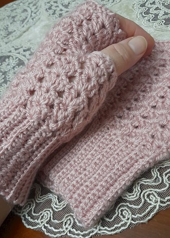 Dantel Detaylı Pembe Örgü Kadın Eldiven - Görsel 3