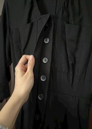 Siyah Kadın Uzun Tulum, Kuşaklı, V Yaka - Görsel 2