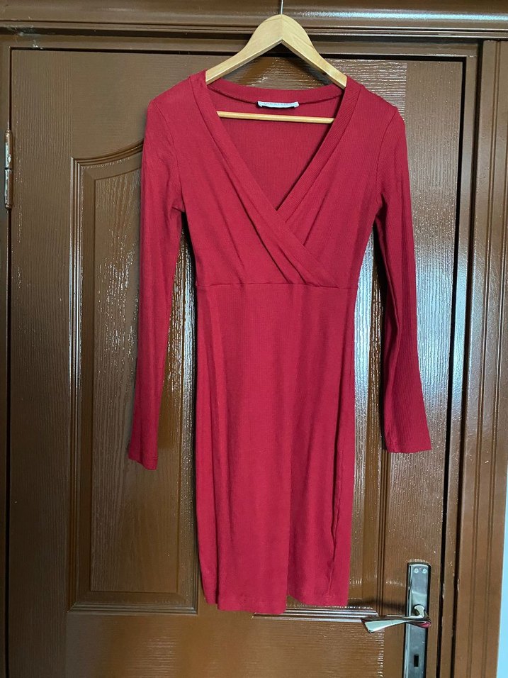 Bordo V Yaka Uzun Kollu Hamile Elbisesi - Görsel 3