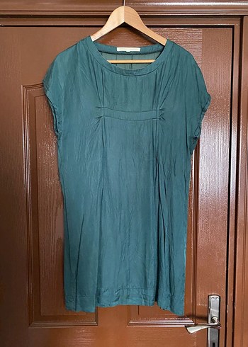 Turkuaz Keten Hamile Tunik, Kısa Kollu, Salaş - Görsel 2