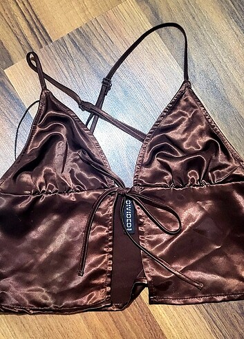 H&M saten kahverengi büstiyer crop top