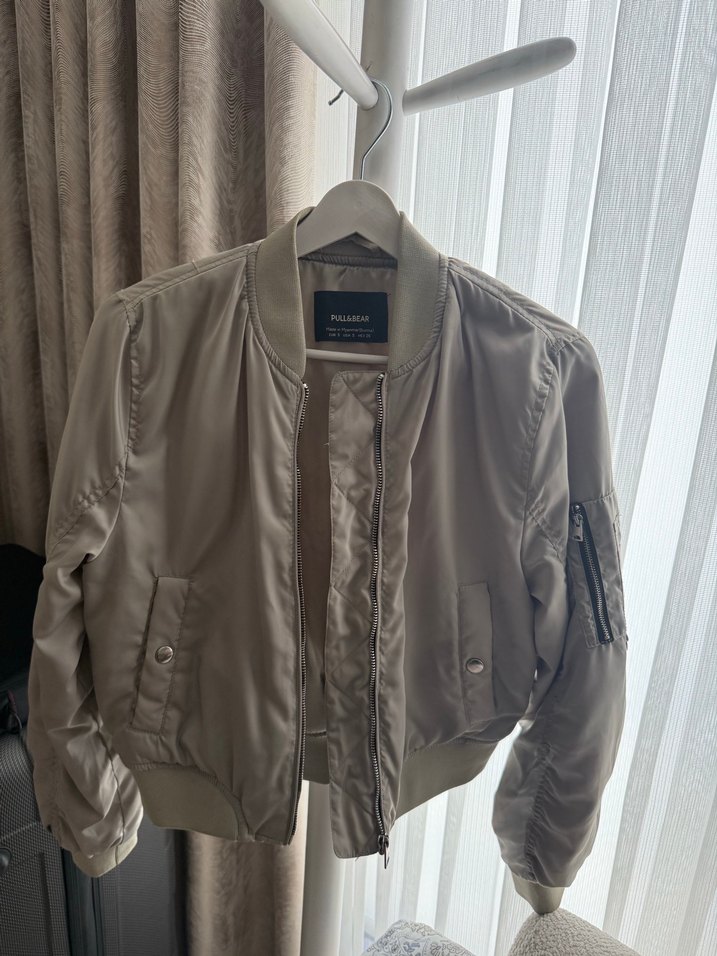 Bej Kadın Bomber Ceket, Düğmeli, Rahat Kesim - Görsel 2