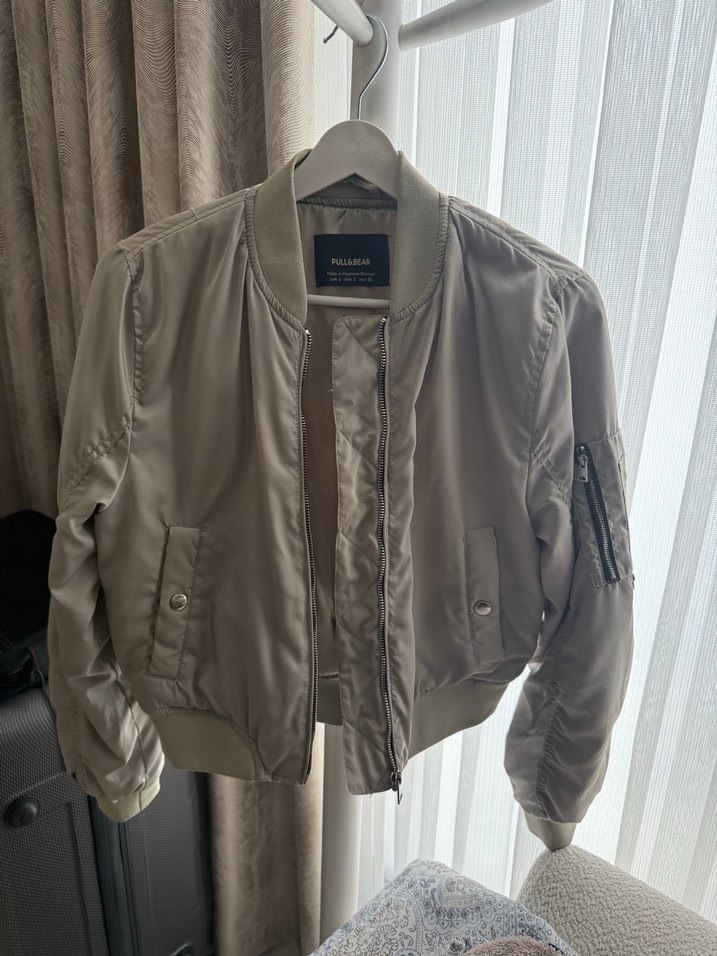 Bej Kadın Bomber Ceket, Düğmeli, Rahat Kesim - Görsel 4