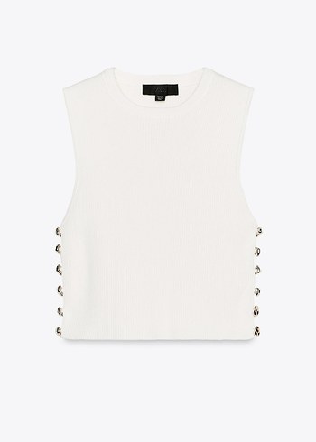 Düğmeli Beyaz Deri Crop Top - Görsel 2