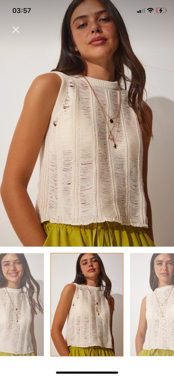 Örgü Bohem Kolsuz Beyaz Mini Süveter - Görsel 2