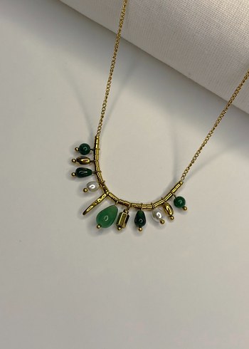 American Vintage Bohem Yesil Tasli Altin Zincir Kolye