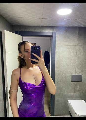 Parlak Mor Drapeli Mini Elbise - Görsel 3