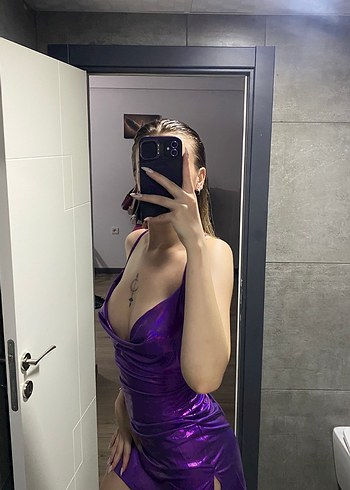 Parlak Mor Drapeli Mini Elbise - Görsel 4