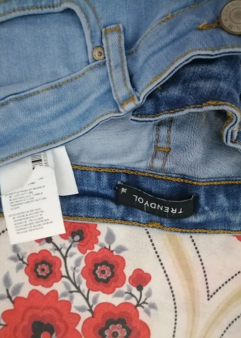 36 Beden Kadın Bağlama Desenli Regular Fit Denim Pantolon