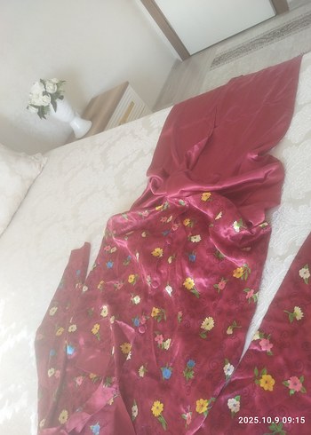 44 Beden Bordo Nakışlı Uzun Kollu Mini Kadın Pijama