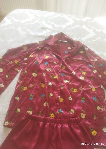 Bordo Nakışlı Uzun Kollu Mini Kadın Pijama