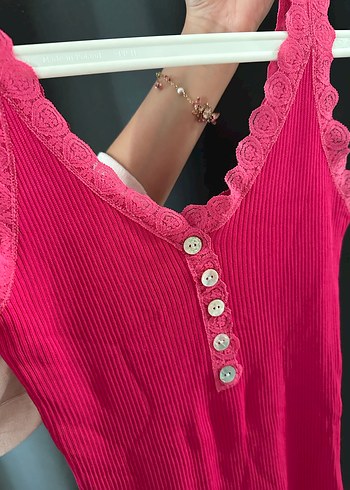 s Beden Düğmeli Y2k Dantelli Pembe Bluz