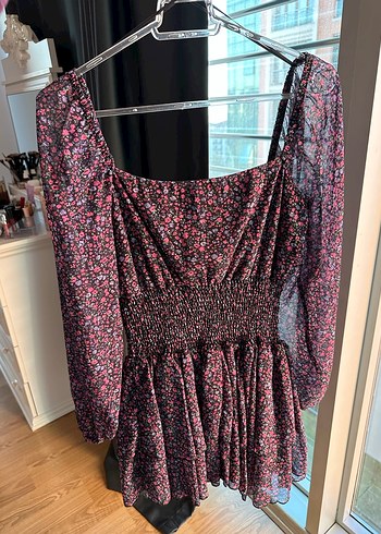 Çiçek Desenli Uzun Kollu Mini Elbise - Görsel 2