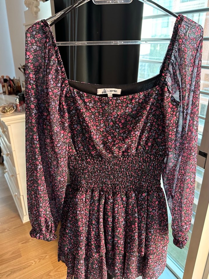 Çiçek Desenli Uzun Kollu Mini Elbise - Görsel 3